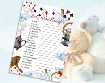 Wonderland BABY WORD SCRAMBLE baby shower game card, Alice in Wonderland theme Whimsical Tea Party, diy edit, digital download  47B-bws