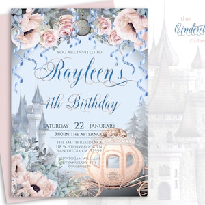 Editable CINDERELLA BIRTHDAY PARTY Invite, any age, romantic castles, dusty pink & blues, digital download, diy edit print template 17B-bp