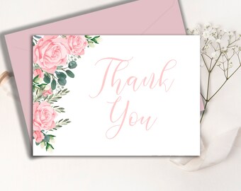 Carte de remerciement pour baby shower roses roses, modèle modifiable (téléchargement numérique)