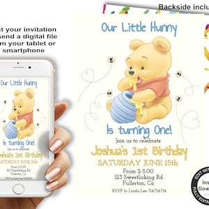 Editable "FIRST BIRTHDAY" Invitation, Our Little Hunny Winnie the Pooh theme Birthday card, evite included, diy edit print template 10(a)-cb