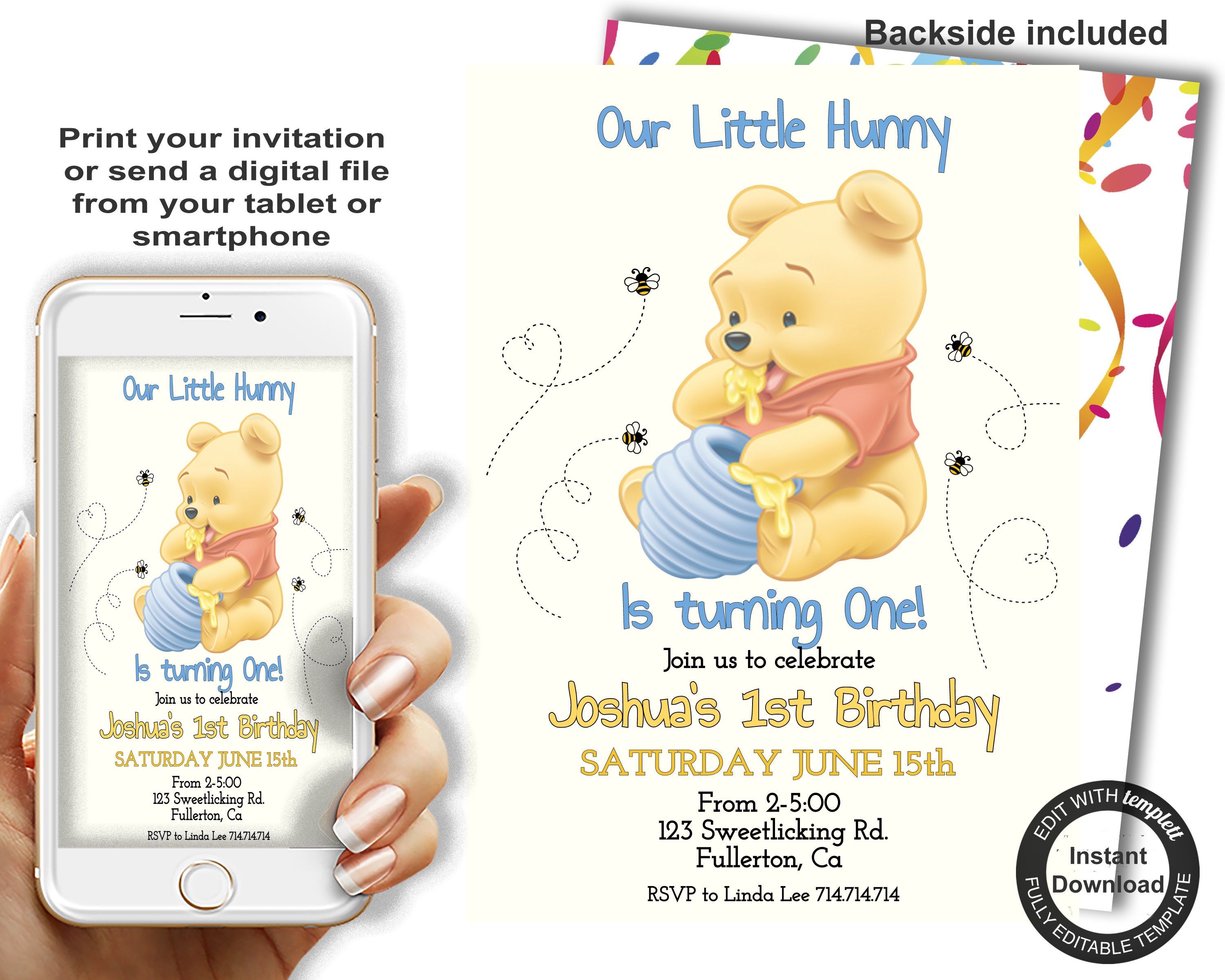 Editable FIRST BIRTHDAY Invitation Our Little Hunny Winnie the Pooh theme Birthday card evite included diy edit print