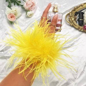 Pair Of Ostrich Feather Snap Bracelets High Quality Full Volume - Yellow SALE PRICE
