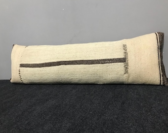 11x38 Neutral Brown Stripe Vintage lumbar ,Turkish Vintage rug Boho Lumbar Oversize Pillow Cover ,Rustic Cushion, Ottoman Decor Wool pillow