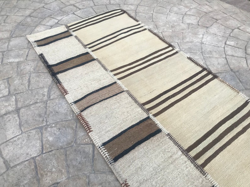 Extra Long Neutral Wool rug Runner, Cream white stair case Runner,Stripe minimalist Runner,Turkish Runner Home Rug Stair Case, 2.4x24.9 ft image 1