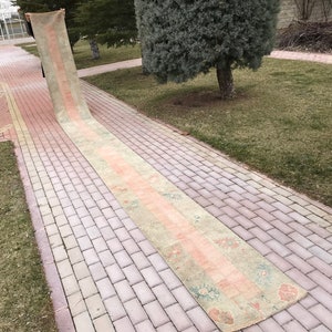 Può includere: Un tappeto lungo e rettangolare con uno sfondo verde chiaro e una striscia rosa al centro. Il tappeto ha un motivo floreale in tonalità di blu, verde e rosa.