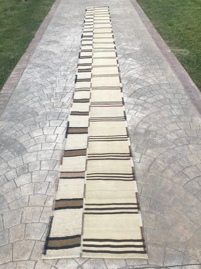 Extra Long Neutral Wool rug Runner, Cream white stair case Runner,Stripe minimalist Runner,Turkish Runner Home Rug Stair Case, 2.4x24.9 ft image 3