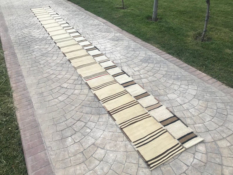 Extra Long Neutral Wool rug Runner, Cream white stair case Runner,Stripe minimalist Runner,Turkish Runner Home Rug Stair Case, 2.4x24.9 ft image 4