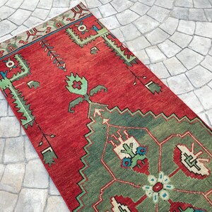 double madellian Vibrant color Turkish rug runner,2x10 Entrance Runner rug, Red & Green rug runner,home of vintage rug,decorative oushak rug image 5