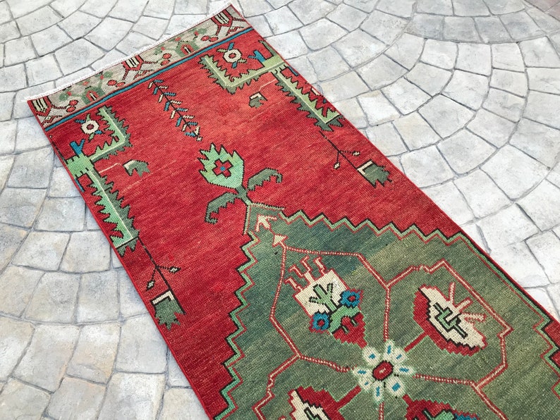 double madellian Vibrant color Turkish rug runner,2x10 Entrance Runner rug, Red & Green rug runner,home of vintage rug,decorative oushak rug image 5