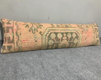 Copricuscino lombare vintage turco Oushak: tappeto in lana anticata, 13x36 pollici