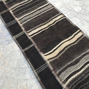 Extra Long Neutral Black Goat hair rug Runner,Brown stair case Rug Runner,Hallway Long Runner,Turkish Runner Home Rug Stair Case, 2.8 x 22.6 image 7