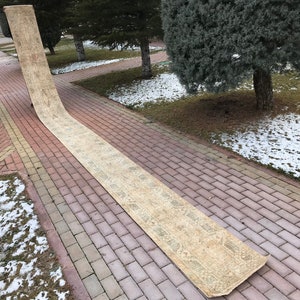 May include: A long, beige runner rug with a floral pattern is rolled out on a brick walkway. The rug is partially rolled up at one end, and the other end is lying flat on the ground. The walkway is surrounded by green grass and snow.