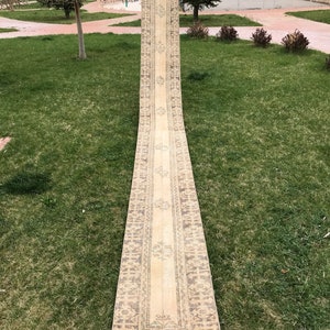 Pu&ograve; includere: Un tappeto da corridoio lungo e beige con un motivo geometrico in tonalit&agrave; di marrone e blu. Il tappeto &egrave; piegato a met&agrave; e steso su un prato.