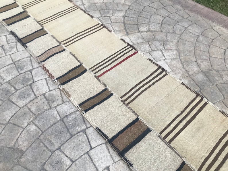 Extra Long Neutral Wool rug Runner, Cream white stair case Runner,Stripe minimalist Runner,Turkish Runner Home Rug Stair Case, 2.4x24.9 ft image 6