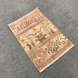May include: Rectangular rug with a faded, vintage aesthetic. The rug features a central panel with floral and geometric patterns in shades of pink, brown, and cream, framed by a border in a darker rose hue. The rug has a fringed edge.