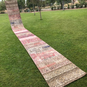 Könnte beinhalten: Ein langer, schmaler, mehrfarbiger Teppich mit einem verblassten, Vintage-Look. Der Teppich ist aus gewebtem Stoff und hat eine Vielzahl von Mustern und Farben, darunter Rosa, Rot, Blau und Beige. Der Teppich liegt auf einem Rasen.