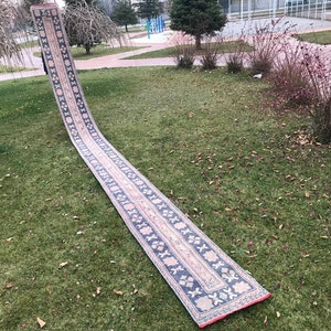 Extra Long Blue Turkish Runner Rug: Distressed Oushak Stair Runner (1.7x21.6 ft)