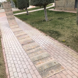 Pode incluir: Um tapete comprido e estreito com fundo bege e padrões intrincados em tons de marrom, creme e rosa. O tapete está colocado em um caminho de tijolos em um jardim.