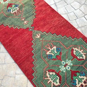 double madellian Vibrant color Turkish rug runner,2x10 Entrance Runner rug, Red & Green rug runner,home of vintage rug,decorative oushak rug image 4