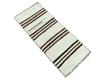 Vintage Turks klein wollen vloerkleed: rustieke deurmat natuurlijke kleur (1,5 x 3,5 ft)