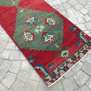 double madellian Vibrant color Turkish rug runner,2x10 Entrance Runner rug, Red & Green rug runner,home of vintage rug,decorative oushak rug image 2