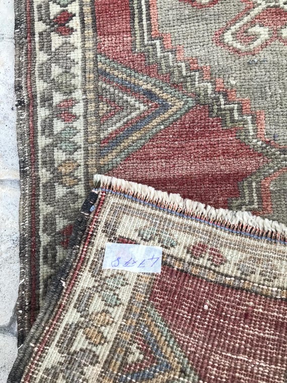 Vintage Turkish Small Rug: Rustic Red & Gray Door Mat (1.5x2.6 Ft
