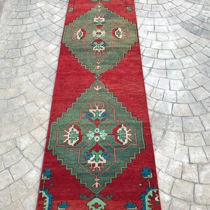 double madellian Vibrant color Turkish rug runner,2x10 Entrance Runner rug, Red & Green rug runner,home of vintage rug,decorative oushak rug image 3