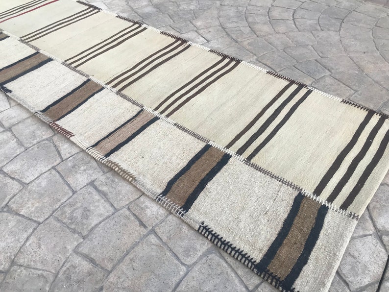 Extra Long Neutral Wool rug Runner, Cream white stair case Runner,Stripe minimalist Runner,Turkish Runner Home Rug Stair Case, 2.4x24.9 ft image 7