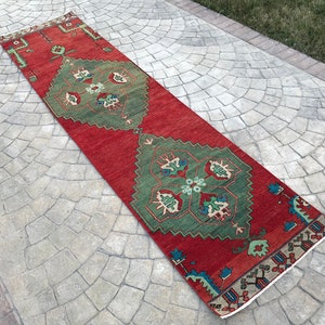 double madellian Vibrant color Turkish rug runner,2x10 Entrance Runner rug, Red & Green rug runner,home of vintage rug,decorative oushak rug image 1