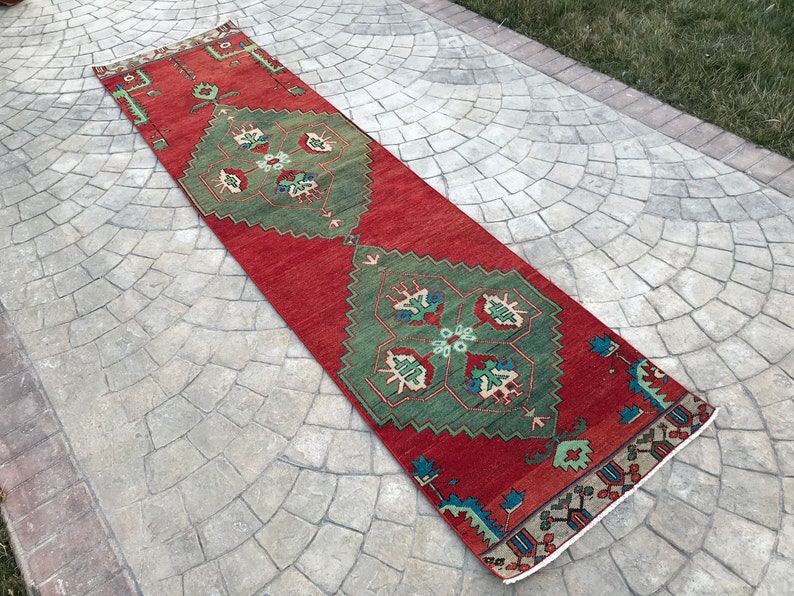 double madellian Vibrant color Turkish rug runner,2x10 Entrance Runner rug, Red & Green rug runner,home of vintage rug,decorative oushak rug image 1