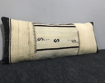 Neutral kilim pillow , Natural rug pillow Cover , Natural Black Stripe Desing pillow , Turkish lumbar pillow, lumbar pillow Cases 13”x33”