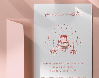 Whimsical Party Invitation | 5x7 Printable Canva Template | Hand Drawn Design | Cute birthday celebration doodles with cake and candles