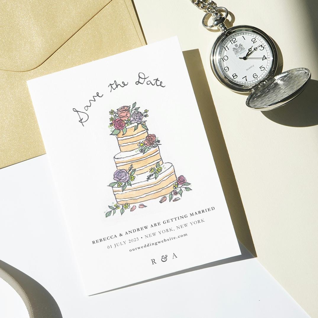 Watercolor Floral Wedding Cake Save The Date | Canva Template | 5x7" Printable Design | Whimsical Hand Drawn and Painted Illustration