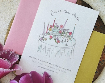 Watercolor Save The Date Template | Canva | 5x7&quot; Printable Design | Whimsical Floral Tablescape Illustration with Cake, Flowers & Candles