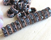 8mm copper with gray rhinestones, set of 20, rhinestones spacers, copper beads, rondelle rhinestones, copper spacer beads, sparkle beads
