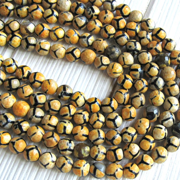 8mm Tibetan beads, full strand, Yellow beads, yellow and black beads, dzi beads, tibetan beads, 8mm yellow beads, tibert agate, black