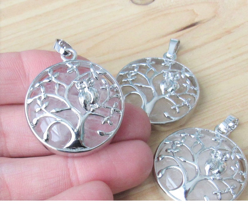 rock and silver jewelry supplies 30mm pendant coin large charm Quartz nature Tree of life pendant with owl and gemstone mala pendant