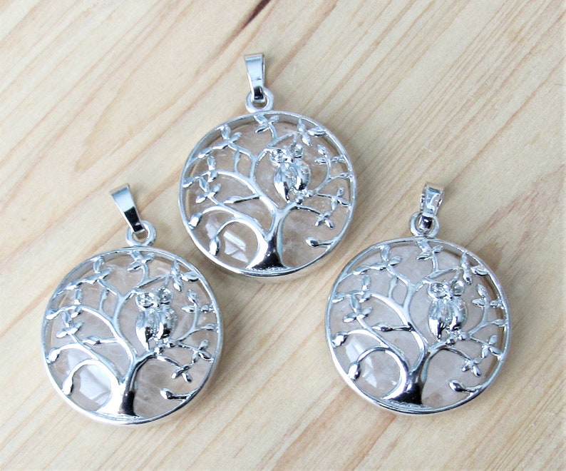 rock and silver jewelry supplies 30mm pendant coin large charm Quartz nature Tree of life pendant with owl and gemstone mala pendant