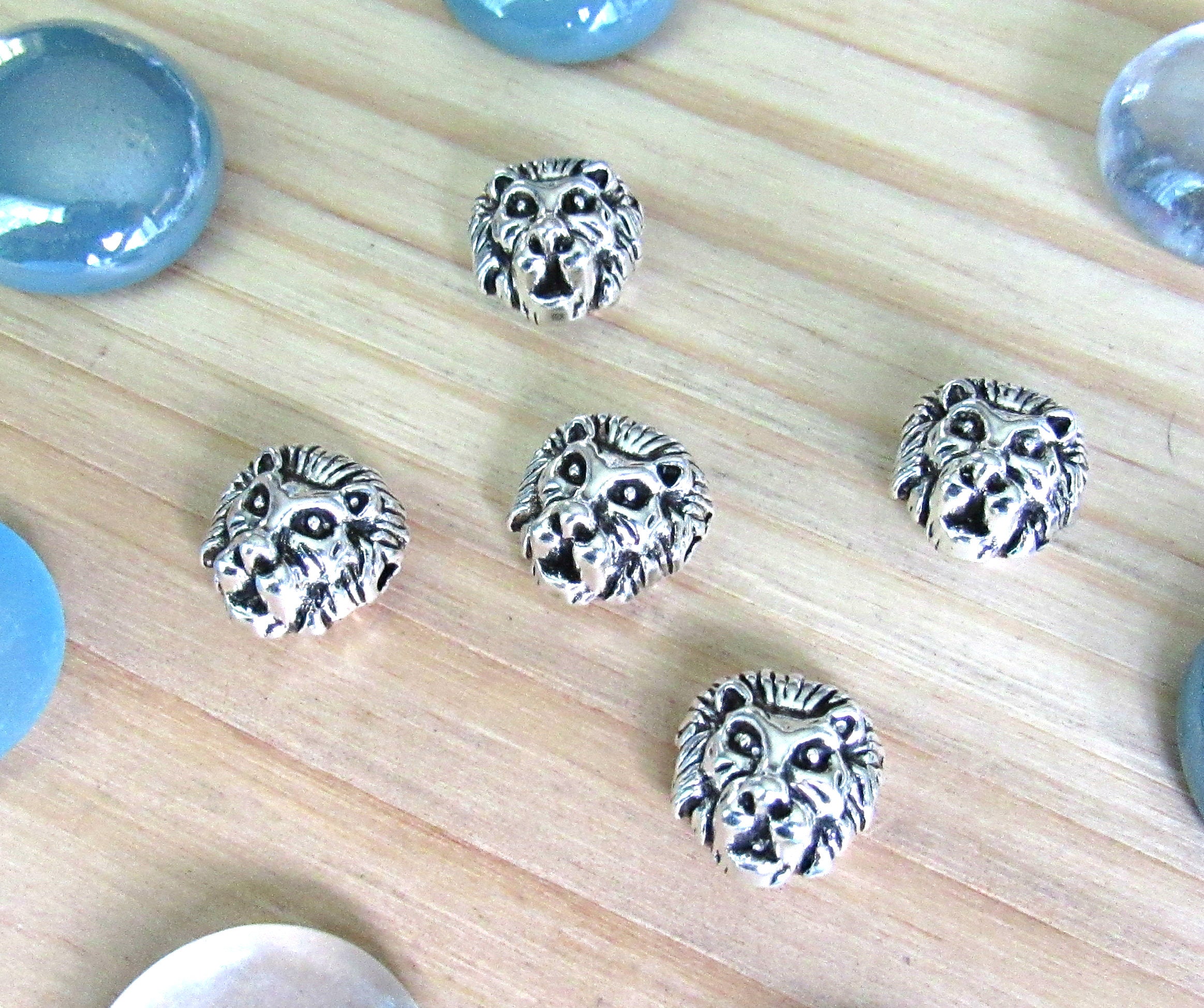 Lion head beads set of 5 lion charms lion beads silver | Etsy