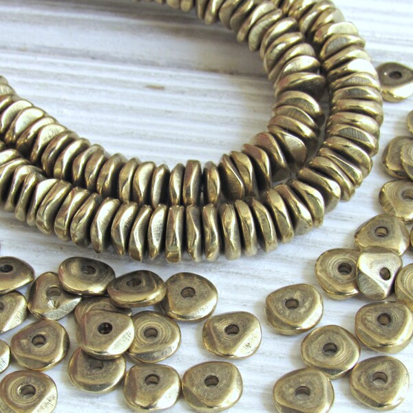 Heishi African brass beads, set of 20, gold heishi beads, spacer beads, Pukalet beads, raw brass beads, african spacers, wavy beads, gold