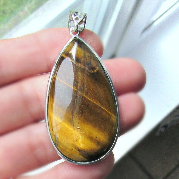 Tiger eye pendant, Large Teardrop, gemstone pendant, natural stone, drop pendant, brown pendant, mala pendant, mala supplies, mala pendant