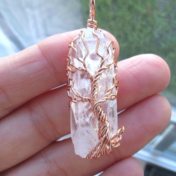 Tree of life Quartz pendant, wire wrapped Quartz point, copper pendant, sacred pendant, yoga pendant, jewelry supplies, crystal quartz