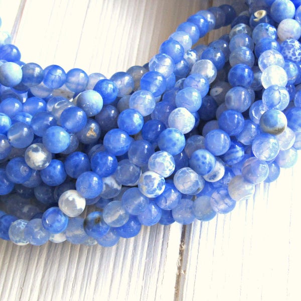 Fire blue agate 6mm, blue crackled agate, blue and white agate, agate beads 6mm, full strand, agate gemstone, bracelet beads, bead supplies