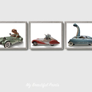Dinosaur Driving Vintage Cars Set of 3 Prints, Quirky T-rex Dino Wall Art, Funny Triceratops Decor, Cute Long Neck Canvas, Printed & Shipped