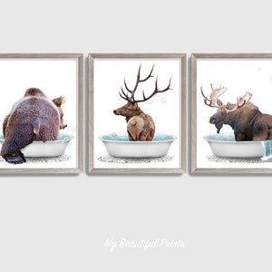 Bathtub Woodland Animals Butt Set of 3 Prints, Rustic Log Cabin Decor, Moose Wall Art, Bear Poster, Deer Bathroom Canvas, Printed & Shipped