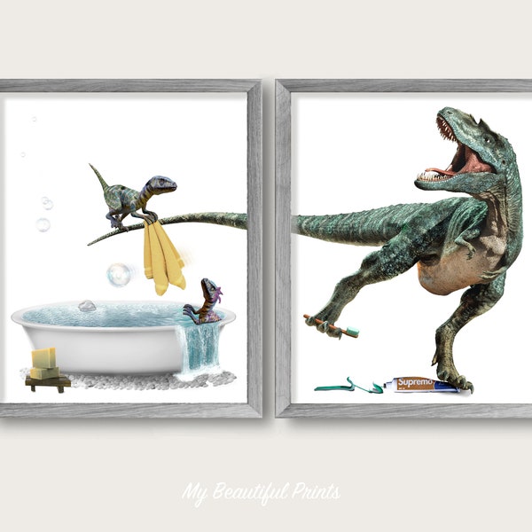 Bathroom Dinosaur Family Set of 2 Print, T-rex Kids Wall Art, Funny Babies Poster Decor, Cute Brush Teeth Humor Canvas, Printed & Shipped