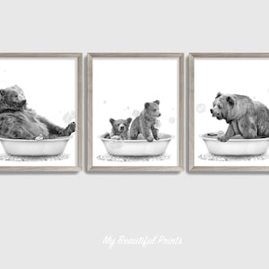 Bear Family Bathtub Set of 3 Print, Rustic Log Cabin Wall Art, Woodland Animal Babies Nursery Decor, Cute Cubs Humor Canvas, Printed Shipped