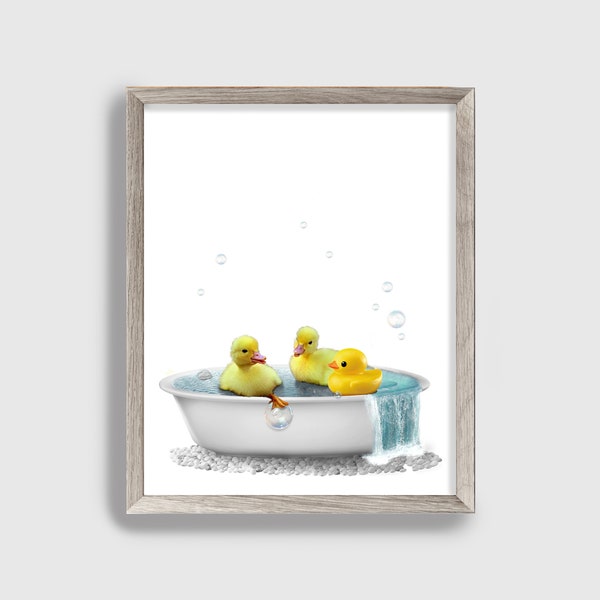 Funny Ducks Nursery Print, Rubber Duck Kids Room Decor, Bathtub Lake House Cabin Wall Art Humor, Cute Baby Bird Canvas, Printed & Shipped