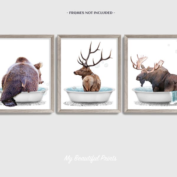 Set de láminas con animales del bosque en la bañera, decoración rústica para el baño