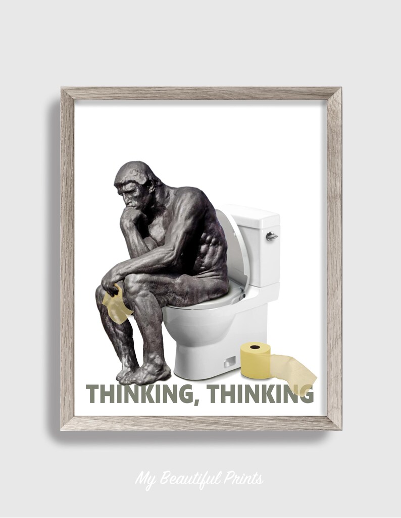 The Thinker Toilet Print, Altered Rodin Artist Man Sculpture Decor